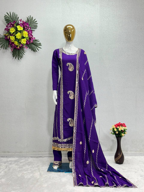 Purple Designer Heavy Roman Silk Real Mirror Work Pakishtani Suit Set For Woman