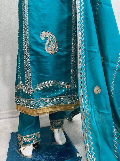 Teal Blue Designer Heavy Roman Silk Real Mirror Work Pakishtani Suit Set For Women