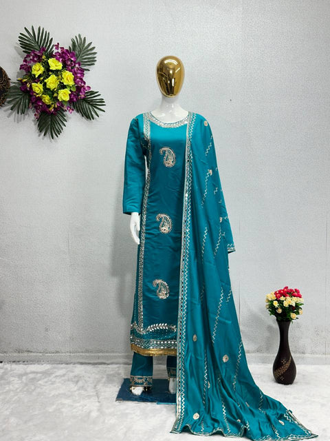 Teal Blue Designer Heavy Roman Silk Real Mirror Work Pakishtani Suit Set For Women