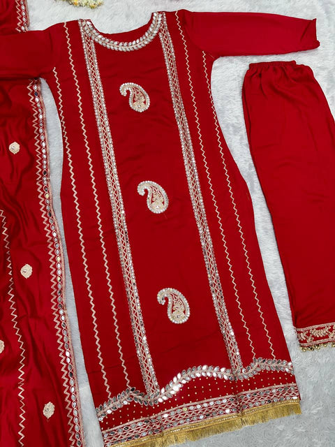 Red Designer Heavy Roman Silk Real Mirror Work Pakishtani Suit Set For Women