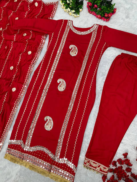 Red Designer Heavy Roman Silk Real Mirror Work Pakishtani Suit Set For Women