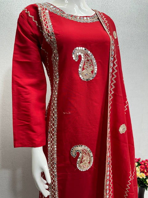 Red Designer Heavy Roman Silk Real Mirror Work Pakishtani Suit Set For Women