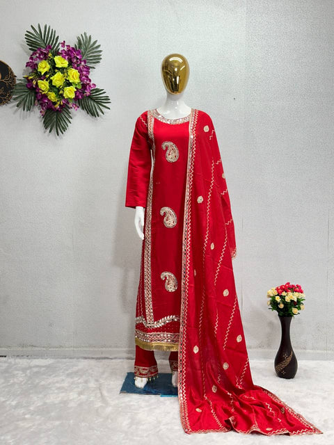 Red Designer Heavy Roman Silk Real Mirror Work Pakishtani Suit Set For Women