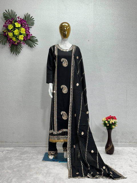 Black Designer Heavy Roman Silk Real Mirror Work Pakishtani Suit Set For Women