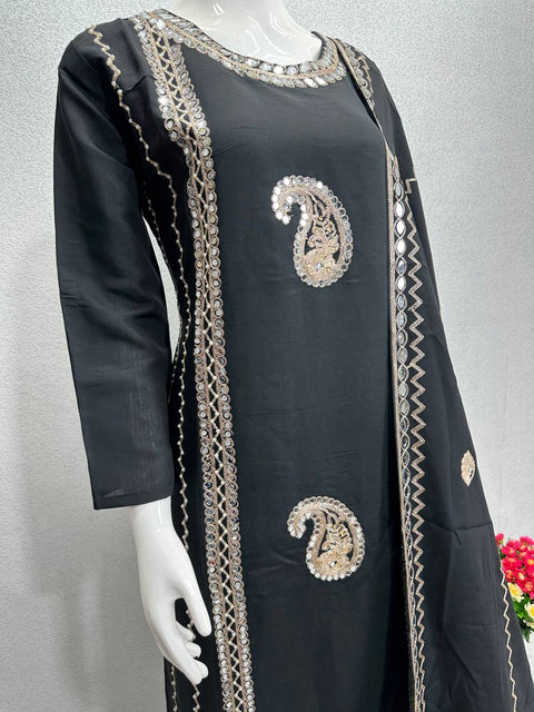 Black Designer Heavy Roman Silk Real Mirror Work Pakishtani Suit Set For Women