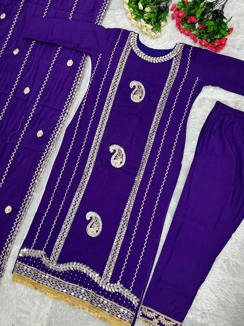 Purple Designer Heavy Roman Silk Real Mirror Work Pakishtani Suit Set For Woman