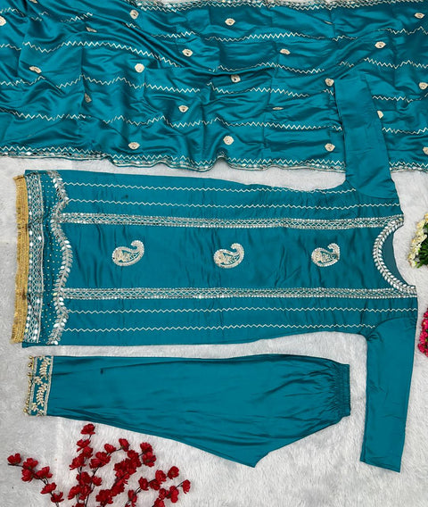 Teal Blue Designer Heavy Roman Silk Real Mirror Work Pakishtani Suit Set For Women