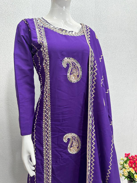 Purple Designer Heavy Roman Silk Real Mirror Work Pakishtani Suit Set For Woman