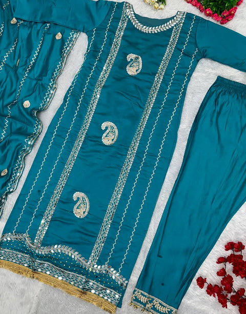 Teal Blue Designer Heavy Roman Silk Real Mirror Work Pakishtani Suit Set For Women