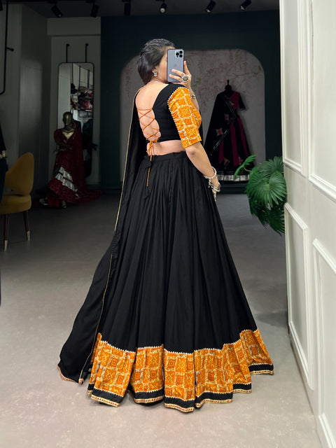 Black Elevate Your Navratri Look with Our Pure Rayon Printed Lehenga, Featuring Plain and Gota Patti Touch Up For Women