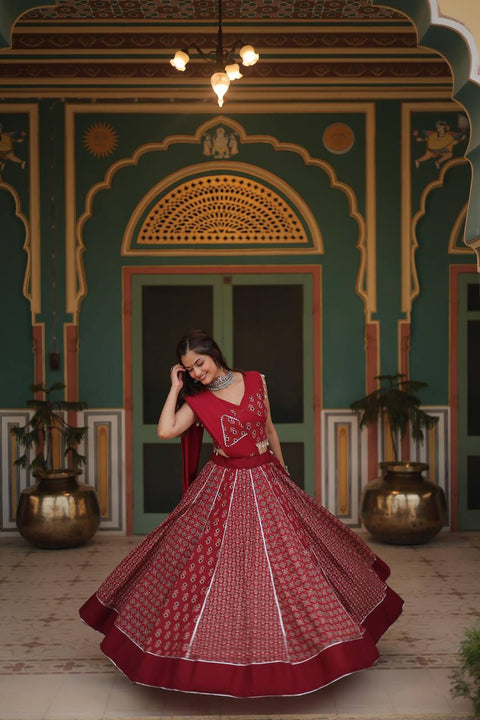 Red Made for Navratri Season, Readymade Printed Rayon Lehenga choli Set For Women