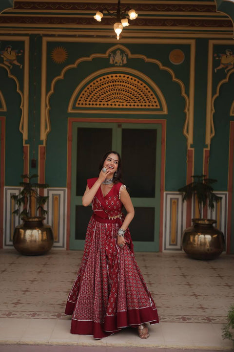 Red Made for Navratri Season, Readymade Printed Rayon Lehenga choli Set For Women