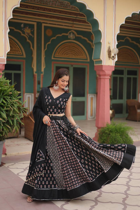 Black Made for Navratri Season, Readymade Printed Rayon Lehenga choli Set For Women