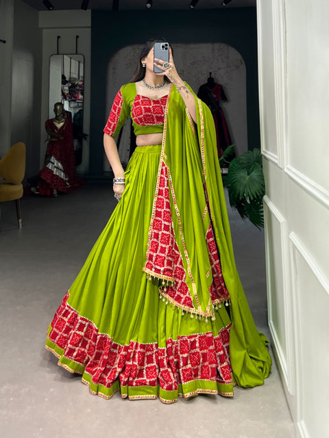 Green Elevate Your Navratri Look with Our Pure Rayon Printed Lehenga, Featuring Plain and Gota Patti Touch Up For Women