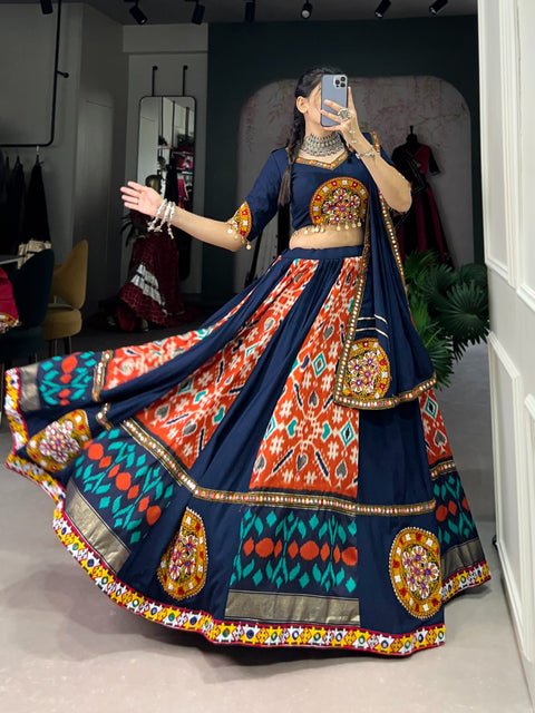 Blue For your essential part of gujarati collection we are presenting navratri attire of rayon and silk lehenga