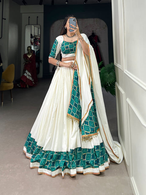 White Elevate Your Navratri Look with Our Pure Rayon Printed Lehenga, Featuring Plain and Gota Patti Touch Up For Women