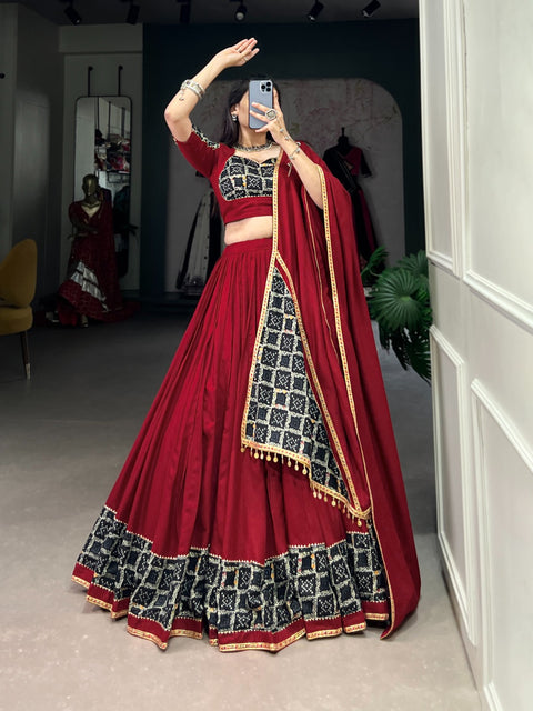 Red Elevate Your Navratri Look with Our Pure Rayon Printed Lehenga, Featuring Plain and Gota Patti Touch Up For Women