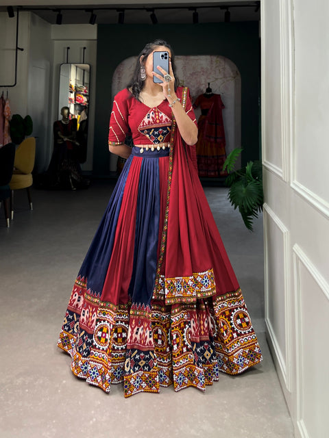 Red And Blue Celebrate with more Colors: Plain And Printed Silk Lehenga with gamthi and mirror work for Navratri