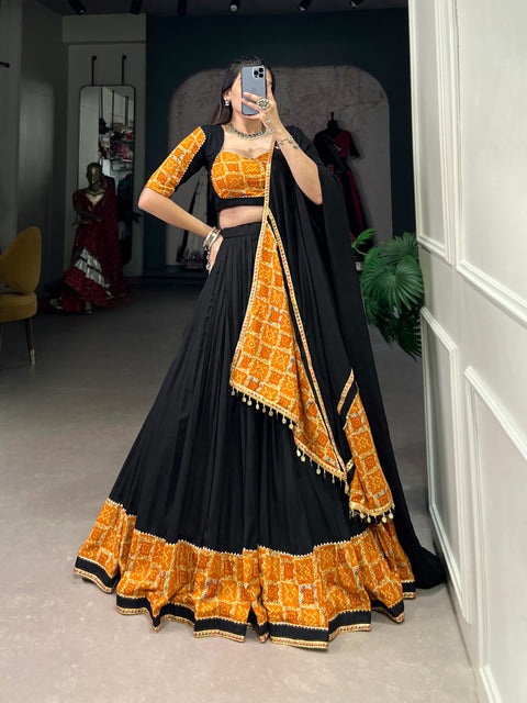 Black Elevate Your Navratri Look with Our Pure Rayon Printed Lehenga, Featuring Plain and Gota Patti Touch Up For Women