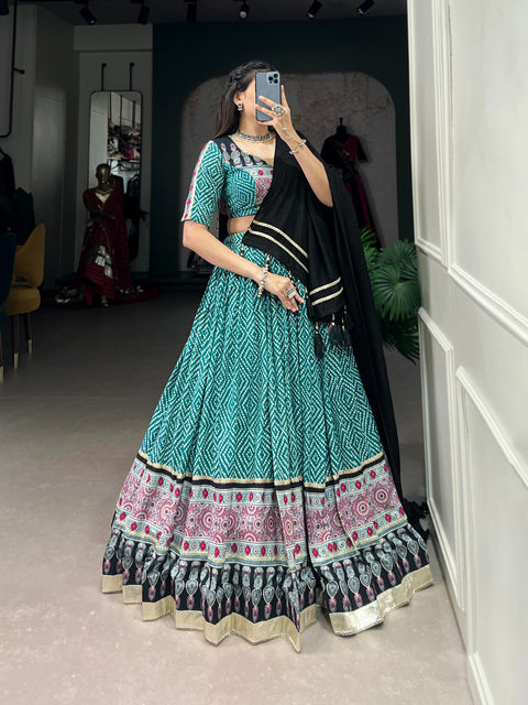 Teal Blue divine with a swirl of Bandhej and Ajrakh prints in this navratri for women