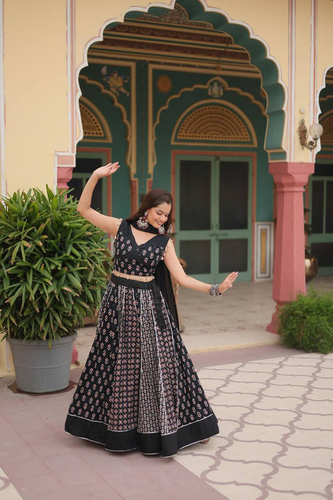 Black Made for Navratri Season, Readymade Printed Rayon Lehenga choli Set For Women