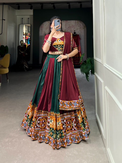 Green And Red Celebrate with more Colors: Plain And Printed Silk Lehenga with gamthi and mirror work for Navratri