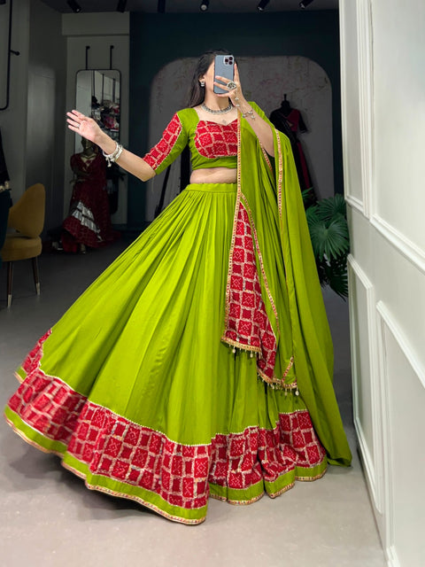 Green Elevate Your Navratri Look with Our Pure Rayon Printed Lehenga, Featuring Plain and Gota Patti Touch Up For Women