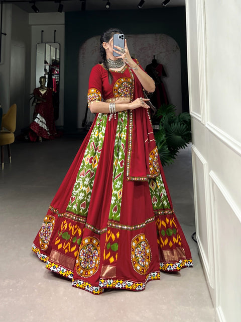 For your essential part of gujarati collection we are presenting navratri attire of rayon and silk lehenga