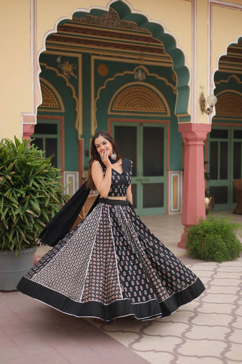 Black Made for Navratri Season, Readymade Printed Rayon Lehenga choli Set For Women