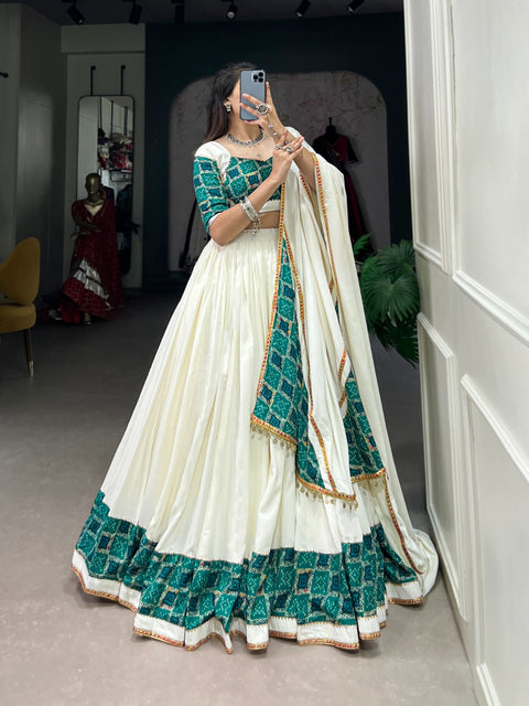 White Elevate Your Navratri Look with Our Pure Rayon Printed Lehenga, Featuring Plain and Gota Patti Touch Up For Women