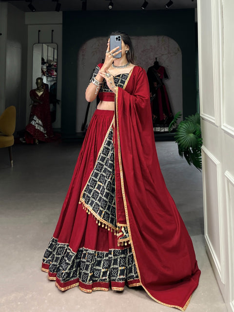 Red Elevate Your Navratri Look with Our Pure Rayon Printed Lehenga, Featuring Plain and Gota Patti Touch Up For Women