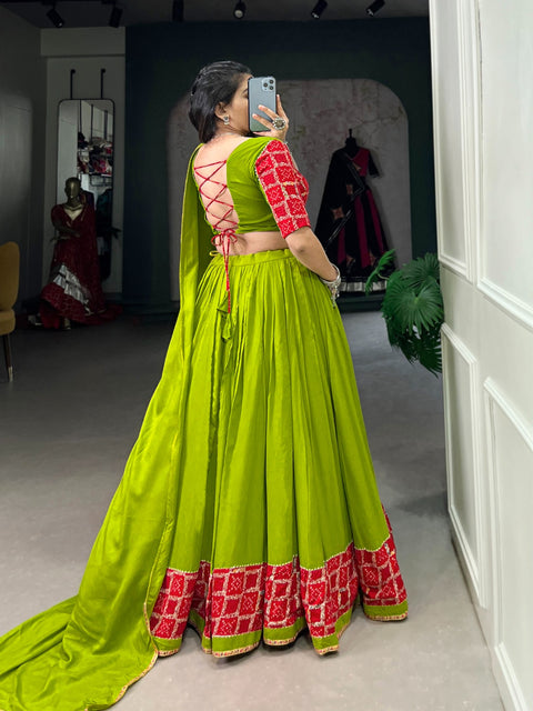 Green Elevate Your Navratri Look with Our Pure Rayon Printed Lehenga, Featuring Plain and Gota Patti Touch Up For Women