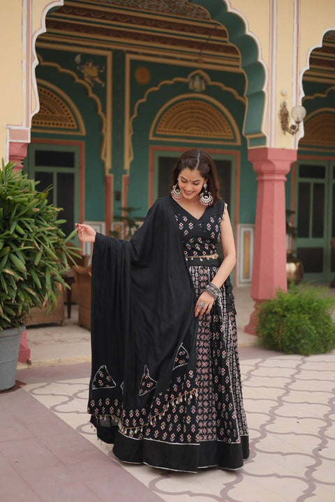 Black Made for Navratri Season, Readymade Printed Rayon Lehenga choli Set For Women