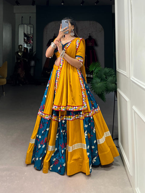 Yellow For your essential part of gujarati collection we are presenting navratri attire of rayon and silk lehenga for Women