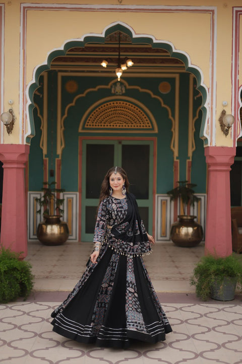 Black Made for Navratri Season, Readymade Printed Rayon Lehenga choli Set For Women