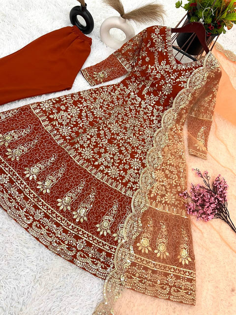 Brown Party Wear Look Full Heavy Embroidery Sequence Work Gown With Fully Stiched Bottom and Dupatta For Women