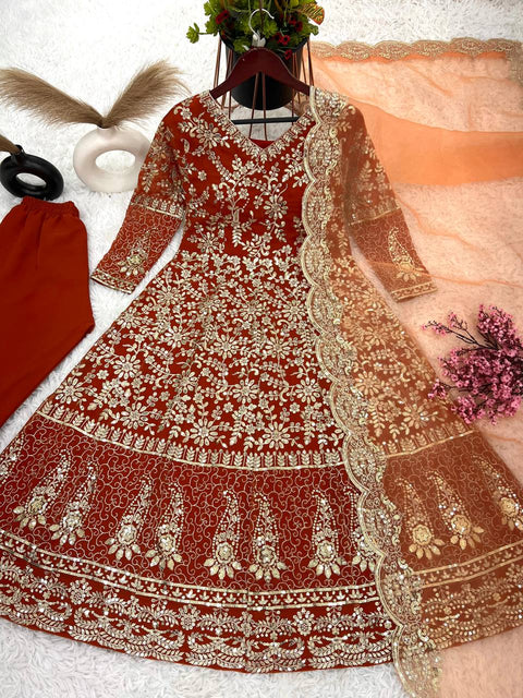 Brown Party Wear Look Full Heavy Embroidery Sequence Work Gown With Fully Stiched Bottom and Dupatta For Women