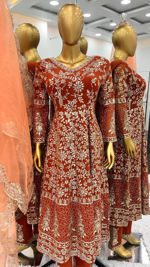 Brown Party Wear Look Full Heavy Embroidery Sequence Work Gown With Fully Stiched Bottom and Dupatta For Women