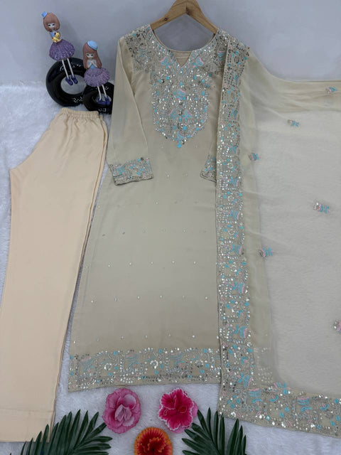 Beige Georgeet New Designer Wear Heavy Embroidered Sequins Work 3 Pis Suit Set