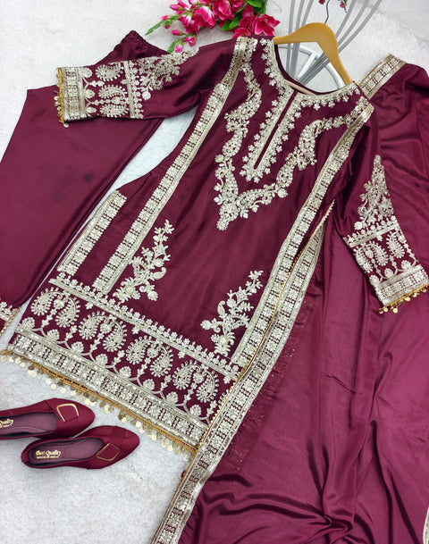 Maroon Pure Satin Silk With Dori Work Salwar Kameez For Women