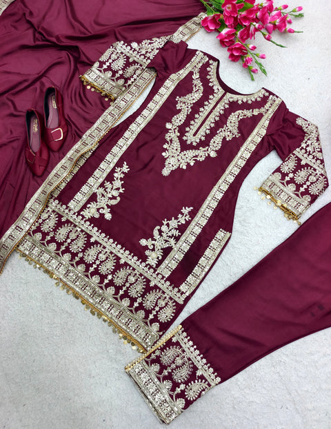 Maroon Pure Satin Silk With Dori Work Salwar Kameez For Women