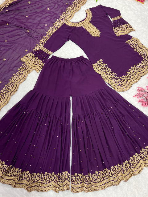 Purple Charming Party Wear Look New Top-Plazo and Dupatta With Heavy Embroidery Work For Women