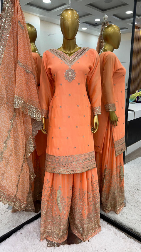 Orange Charming Party Wear Look New Top-Plazo and Dupatta With Heavy Embroidery Work For Woman