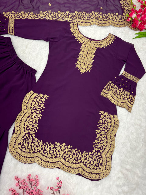 Purple Charming Party Wear Look New Top-Plazo and Dupatta With Heavy Embroidery Work For Women