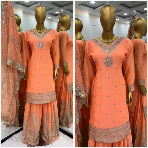 Orange Charming Party Wear Look New Top-Plazo and Dupatta With Heavy Embroidery Work For Woman