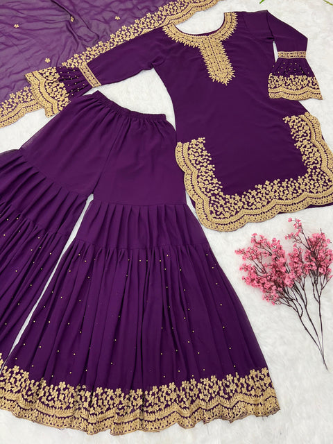 Purple Charming Party Wear Look New Top-Plazo and Dupatta With Heavy Embroidery Work For Women