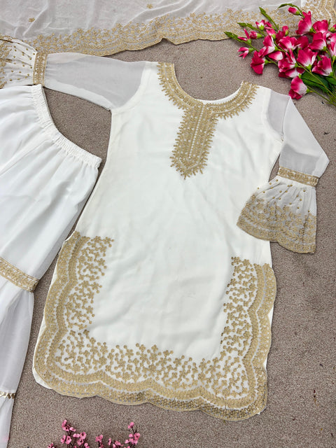 White Charming Party Wear Look New Top-Plazo and Dupatta With Heavy Embroidery Work For Women