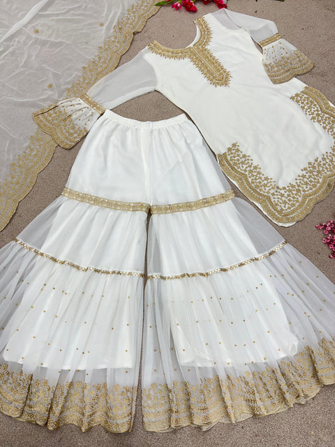 White Charming Party Wear Look New Top-Plazo and Dupatta With Heavy Embroidery Work For Women