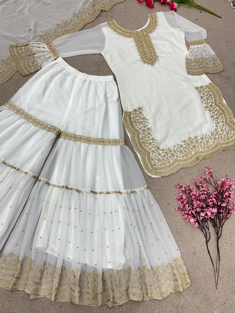 White Charming Party Wear Look New Top-Plazo and Dupatta With Heavy Embroidery Work For Women