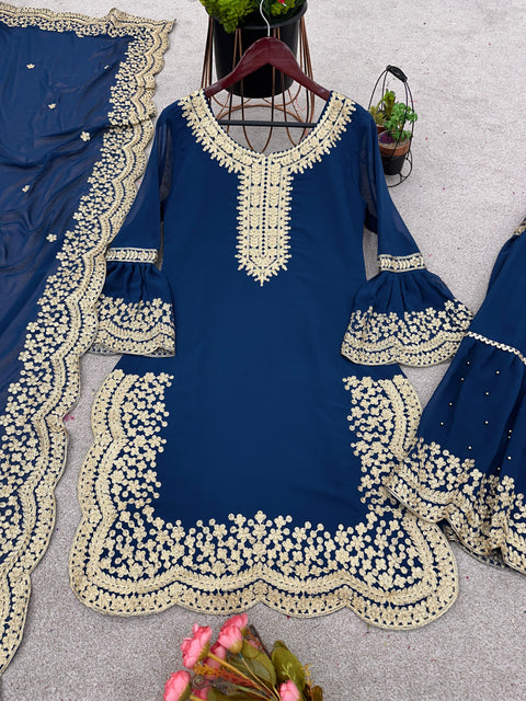 Dove Blue Charming Party Wear Look New Top-Plazo and Dupatta With Heavy Embroidery Work For Women